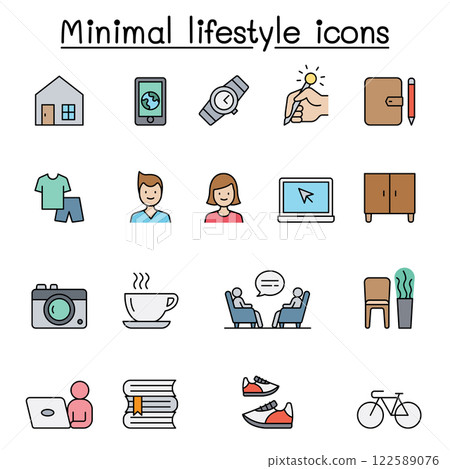 Minimal lifestyle, Hipster icon set in color line style Minimal lifestyle, Hipster icon set in color line style 122589076