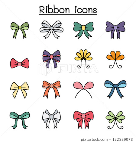 Ribbon and Bow tie icon set in color line style 122589078