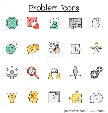 Problem and Question icon set in color line style Problem and Question icon set in color line style 122589082