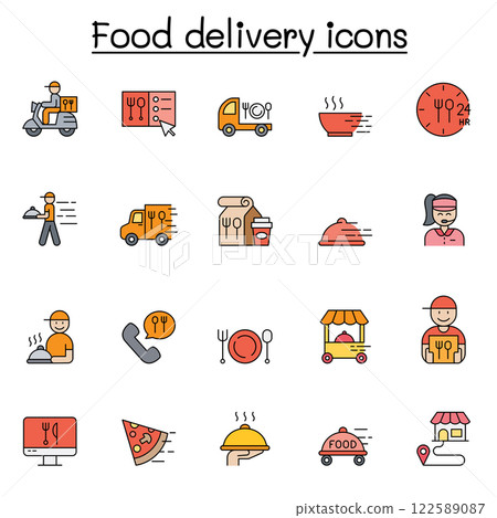 Food delivery icon set in color line style Food delivery icon set in color line style 122589087