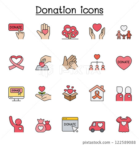 Charity and Donation icon set in color line style 122589088