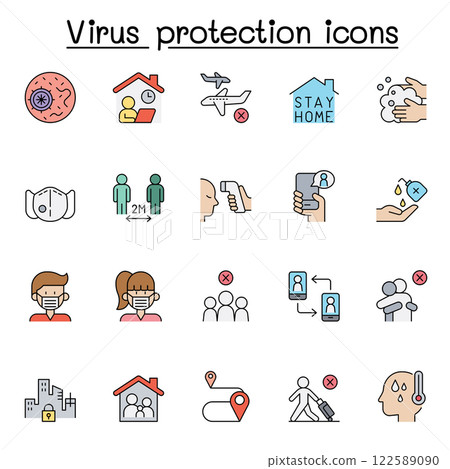 Set of Virus protection flat color icon. contains such icon as, social distancing, mask, hand washing, stay home and more. Set of Virus protection flat color icon. contains such icon as, social distancing, mask, hand washing, stay home and more. 122589090
