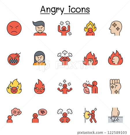 Set of angry Related Vector flat color icon. Contains such icon as crazy, mad, violence, aggressive, boxing, hit, punch and more Set of angry Related Vector flat color icon. Contains such icon as crazy, mad, violence, aggressive, boxing, hit, punch and more 122589103