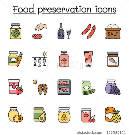 Preserved food icon set in color line style Preserved food icon set in color line style 122589111