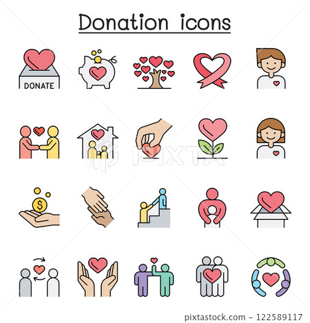 Donation and Charity icon set in color line style Donation and Charity icon set in color line style 122589117