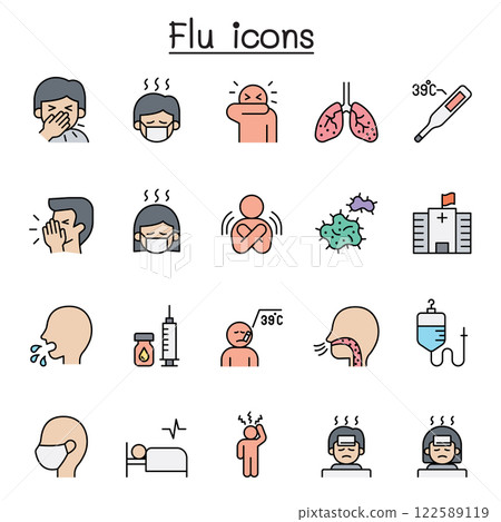 Flu, sick and illness icon set in color line style Flu, sick and illness icon set in color line style 122589119