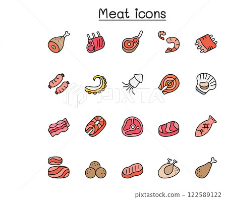 Meat, pork, beef, seafood icon set in color line style 122589122