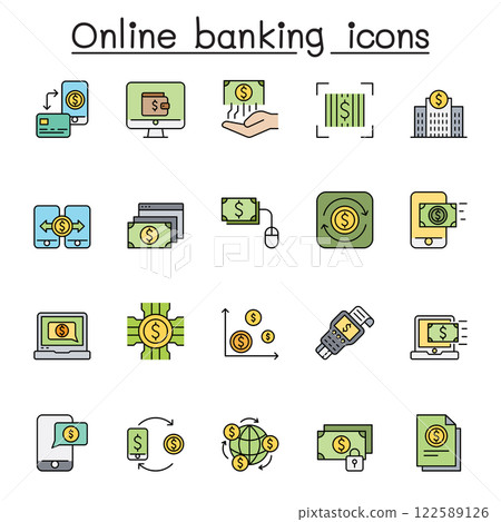 Online banking icon set in color line style Online banking icon set in color line style 122589126