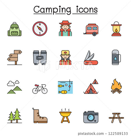 Set of Camping Related Vector flat color icon. Contains such icon as tent, hiking, forest, car, campfire, mountain, traveler, compass, fishing, forest, camera, direction sign, bench, backpack and Set of Camping Related Vector flat color icon. Contains such icon as tent, hiking, forest, car, campfire, mountain, traveler, compass, fishing, forest, camera, direction sign, bench, backpack and 122589133