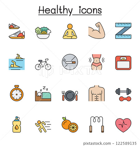 Healthy icon set in color line style Healthy icon set in color line style 122589135