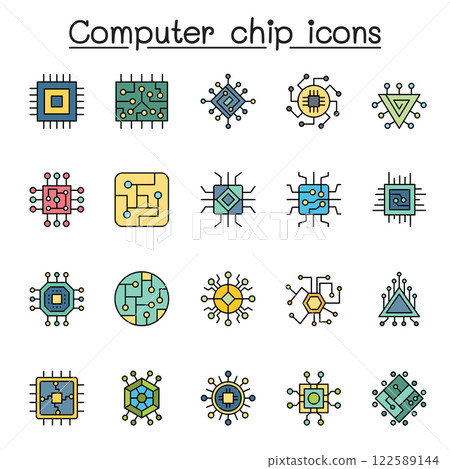 Set of Computer chip Related Vector flat color icon. Contains such icon as circuit, mother board, electronic panel, cpu, processor and more Set of Computer chip Related Vector flat color icon. Contains such icon as circuit, mother board, electronic panel, cpu, processor and more 122589144