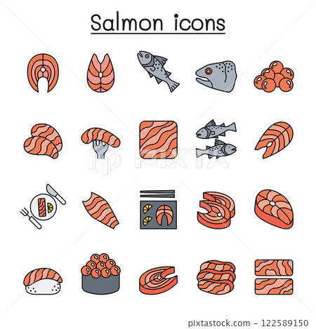 Salmon icon set in color line style Salmon icon set in color line style 122589150
