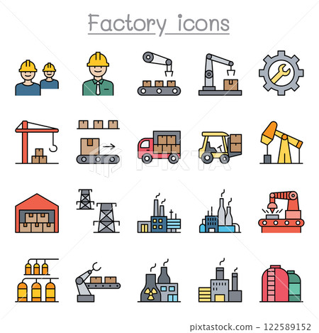 Factory and Industrial icon set in color line stlye 122589152