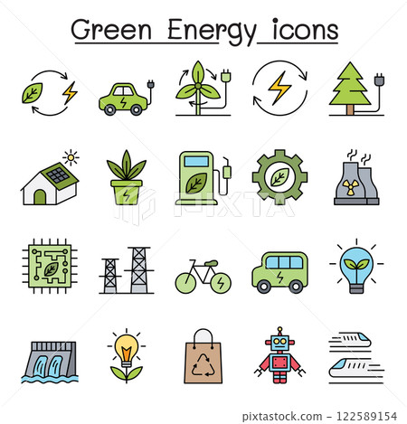 Green energy icon set in color line style 122589154