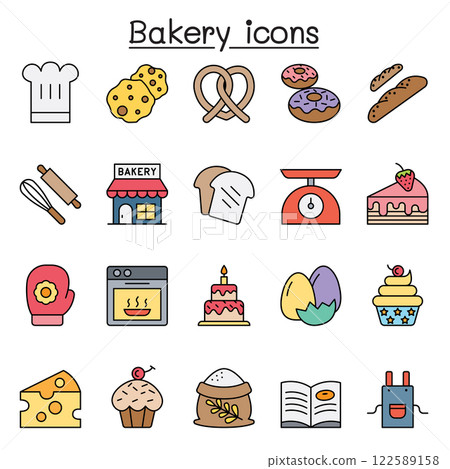Bakery icon set in color line style 122589158