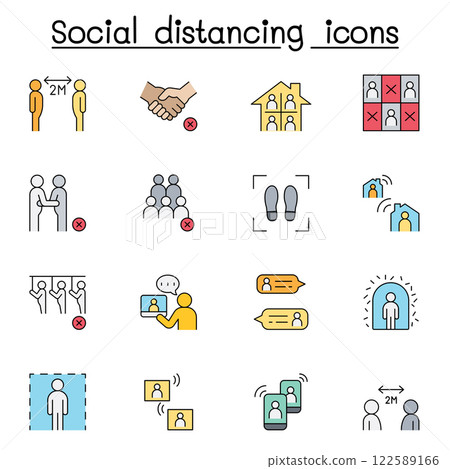 Social distancing icon set in thin line stlye 122589166