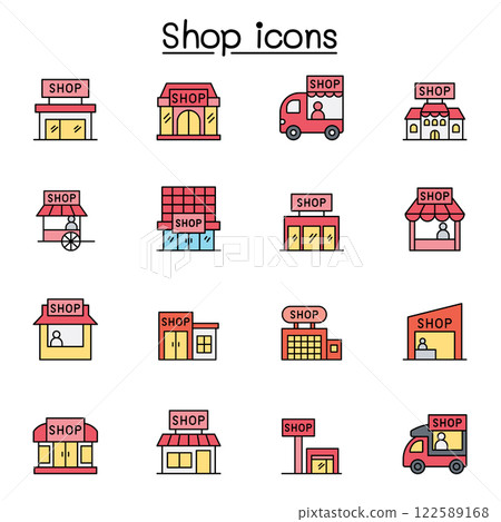 Set of shop flat color icon. contains such icon as, supermarket, shopping mall, hypermarket, store and more. Set of shop flat color icon. contains such icon as, supermarket, shopping mall, hypermarket, store and more. 122589168