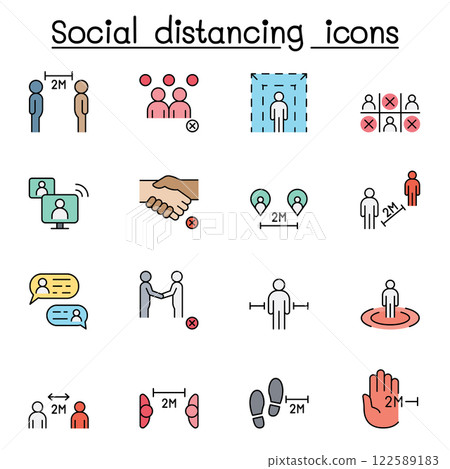 Social distancing icon set in thin line stlye Social distancing icon set in thin line stlye 122589183