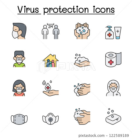 Set of Virus protection flat color icon. contains such icon as, social distancing, mask, hand washing, stay home and more. Set of Virus protection flat color icon. contains such icon as, social distancing, mask, hand washing, stay home and more. 122589189