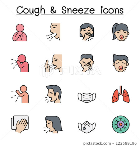 Cough and Sneeze icon set in color line style 122589196