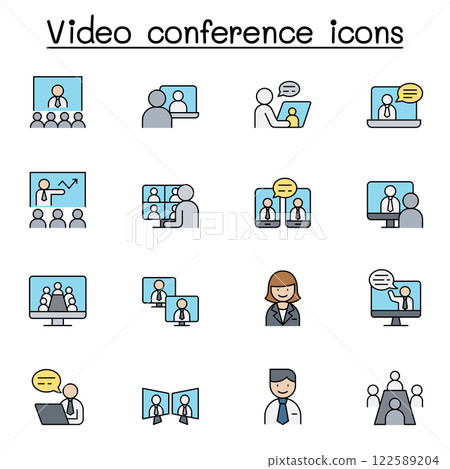Video conference icon set in color line style 122589204