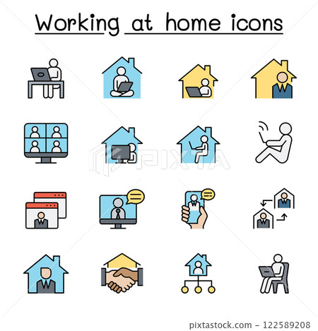 Working at home icon set in color line style Working at home icon set in color line style 122589208