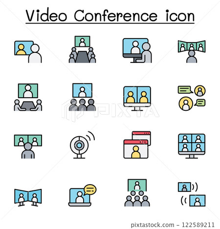 Set of Video conference flat color icon. Contains such icon as online meeting, business communication, team, classroom, online education, presentation, work from home and more. Vector illustration 122589211