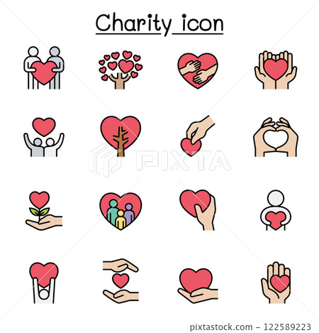Set of Donation and Charity related vector flat color icon. contains such icon as kindness, fundraiser, volunteer, support, heart, helping, care, give, hope, friendship, hug, protect and more. Set of Donation and Charity related vector flat color icon. contains such icon as kindness, fundraiser, volunteer, support, heart, helping, care, give, hope, friendship, hug, protect and more. 122589223