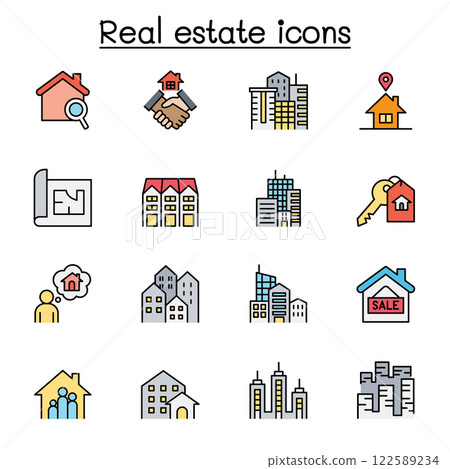 Set of Real estate related vector flat color icon. contains such icon as, condominium, apartment, blueprint, home, architecture, office, residential building, commercial building and more. 122589234