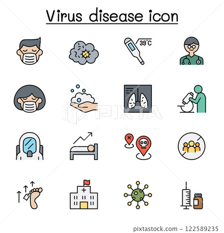 Virus disease icon set in color line style 122589235