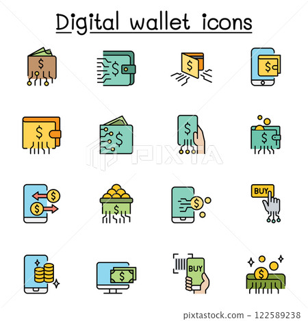 Digital wallets icon set in color line style 122589238