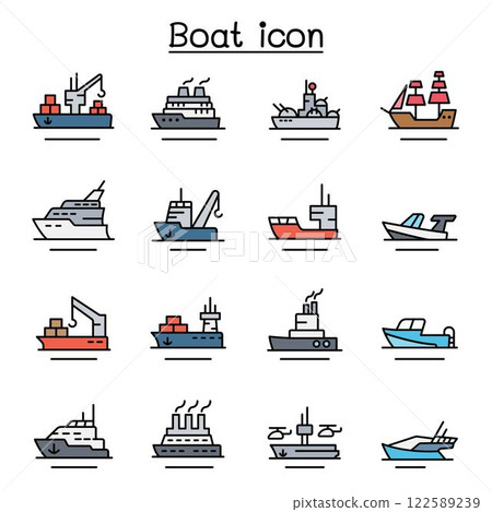 Boat, Ship icon set in color line style 122589239