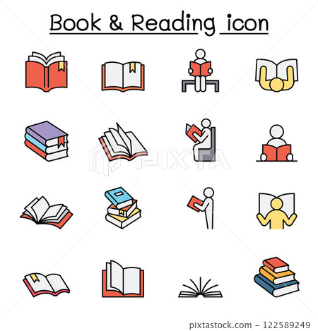 Book and Reading icon set in thin lines tyle 122589249