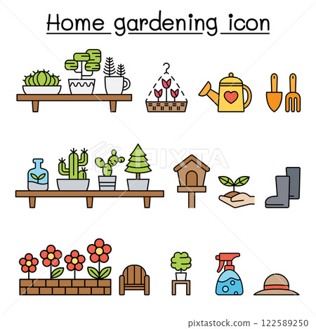 Gardening icon set in color line style 122589250