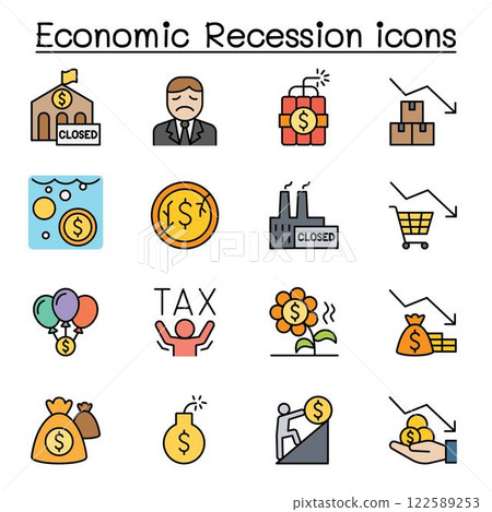 Economic recession, business crisis icon set in color line style Economic recession, business crisis icon set in color line style 122589253