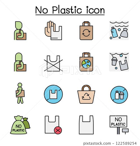 No plastic bag icon set in color line style No plastic bag icon set in color line style 122589254