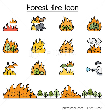 forest fire, wildfire icon set in color line style forest fire, wildfire icon set in color line style 122589255