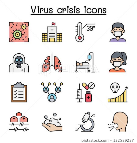Virus disease, Covid-19, Corona virus icon set in color line style 122589257