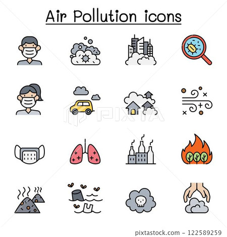 Air pollution and Virus disease icon set in color line style Air pollution and Virus disease icon set in color line style 122589259