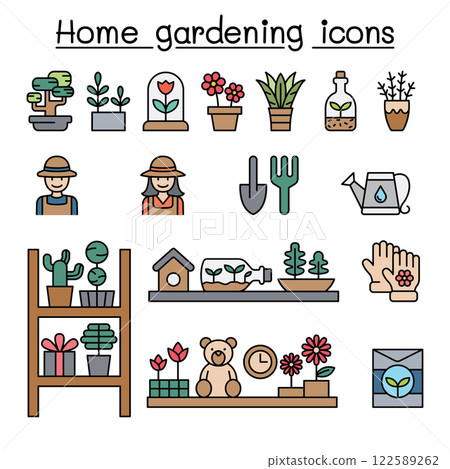 Home gardening icon set in color line style 122589262