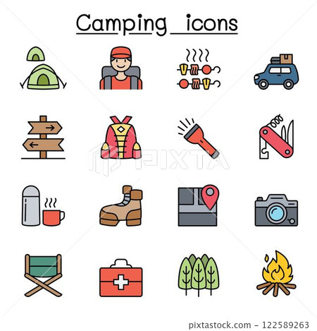 Camping and Hiking icon set in color line style Camping and Hiking icon set in color line style 122589263