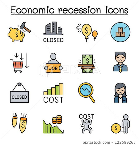 Economic recession, business crisis, trade war icon set in color line style 122589265