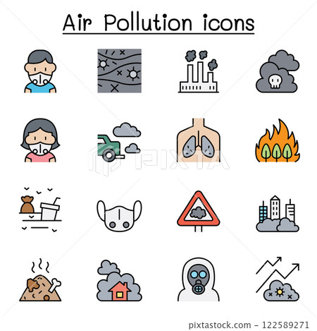 Air pollution icon set in color line style 122589271