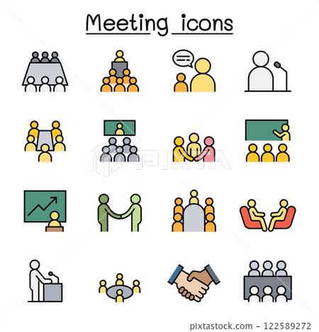 Meeting, conference, seminar, planning icon set in color line style 122589272