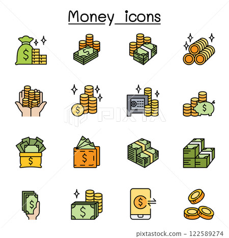 Money, cash, currency and coin icon set in color line style 122589274