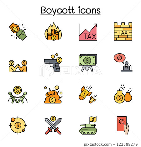 Boycott, business war, trade war icon set in color line style Boycott, business war, trade war icon set in color line style 122589279