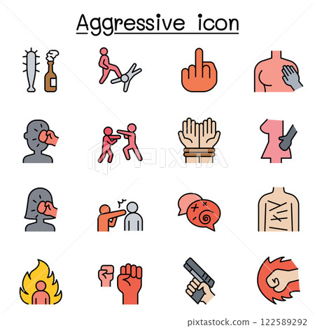 Set of Violence Related Vector flat color icon. Contains such icon as human trafficking, sexual harassment, bully, angry, hit, rude, brawl and more. 122589292