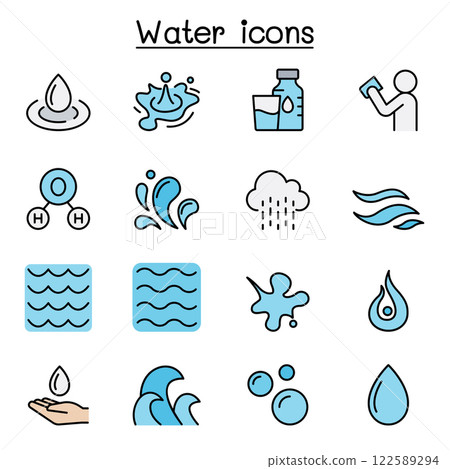 Water, liquid, aqua icon set in color line style 122589294