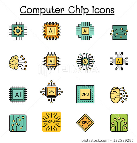 Computer Chips and Electronic Circuit icon in color line style 122589295