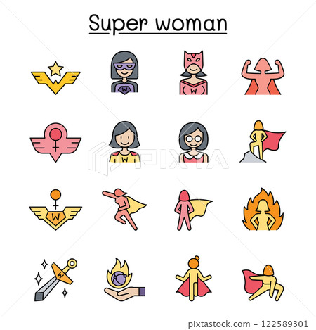 Super woman icon set in color line style 122589301